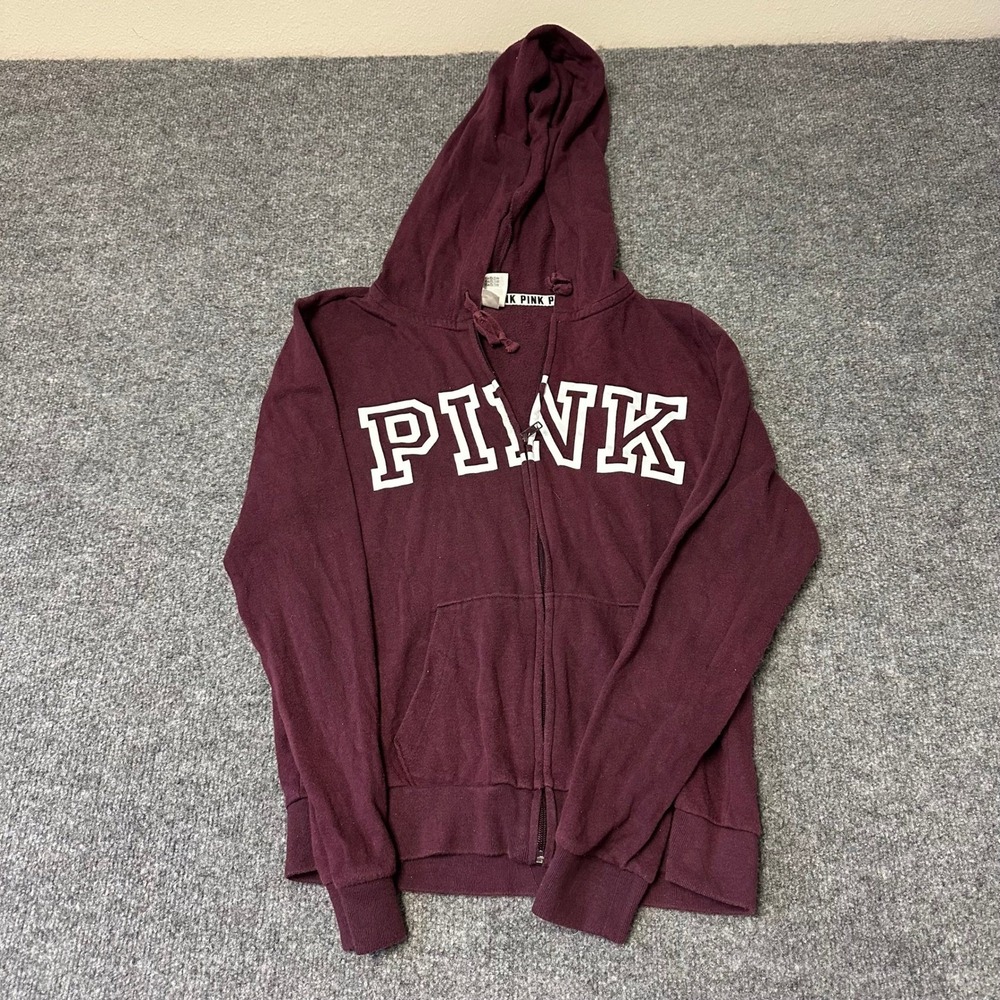 Pink Hoodie Womens Size Small Maroon Zip Up Logo Graphic Long Sleeve Sweatshirt